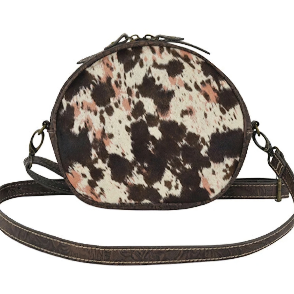 Round Cowhide Crossbody Bag in Brown and White